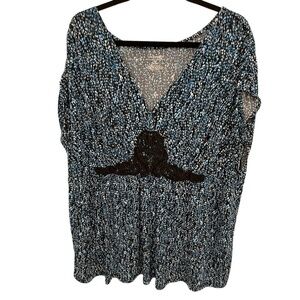 Lane Bryant Plus Blue Black Abstract Print Crochet V-Neck Stretch Blouse 22 24
